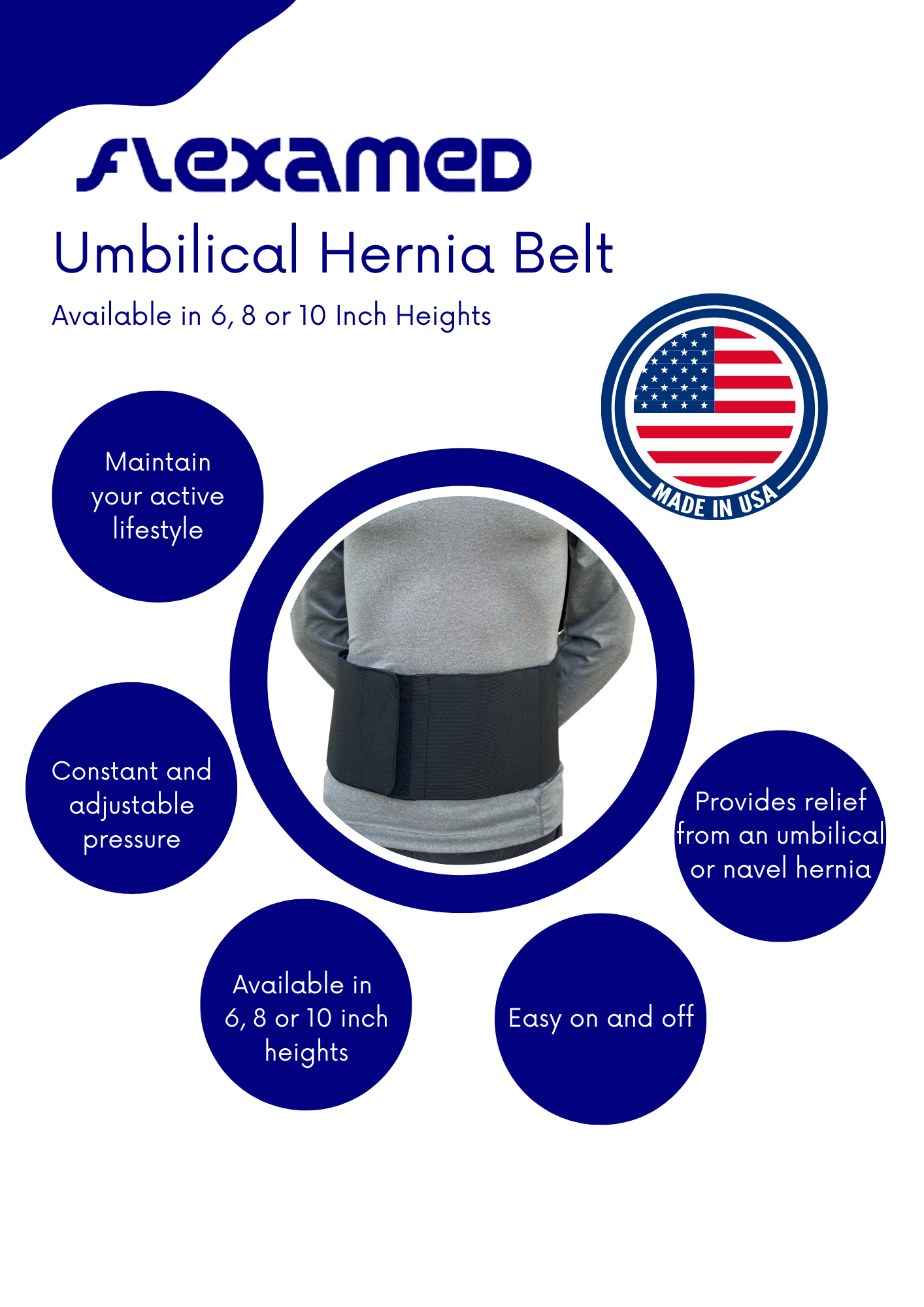 FlexaMed Umbilical Navel Hernia Belt - 6, 8 or 10 Inch Width - Black or White | Made in USA