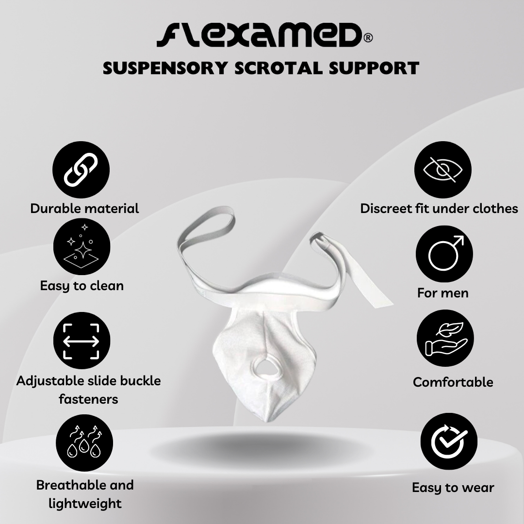Flexamed Hernia Gear Suspensory Scrotal Support | For Enlarged Scrotum, Hydrocele, Prostate and Vasectomy Relief | With or Without Leg Straps