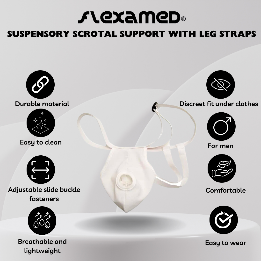 Flexamed Hernia Gear Suspensory Scrotal Support | For Enlarged Scrotum, Hydrocele, Prostate and Vasectomy Relief | With or Without Leg Straps
