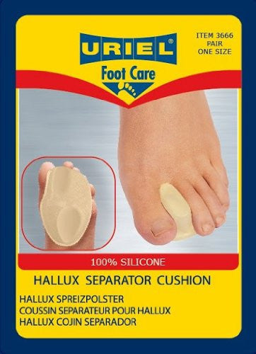 Uriel Silicone Hallux Valgus Bunion Separator Cushion Pair. Uriel Hallux Valgus Separator Cushion combines two products - a toe separator and a metatarsal support with adjustable cushion - into one solution.  Gently returns big toe to its natural position Soft silicone gel Prevents pain and eases discomfort from pressure or rubbing between the toes Combined cushion lifts the front arch under the metatarsals and prevents pressure on the bunion. 