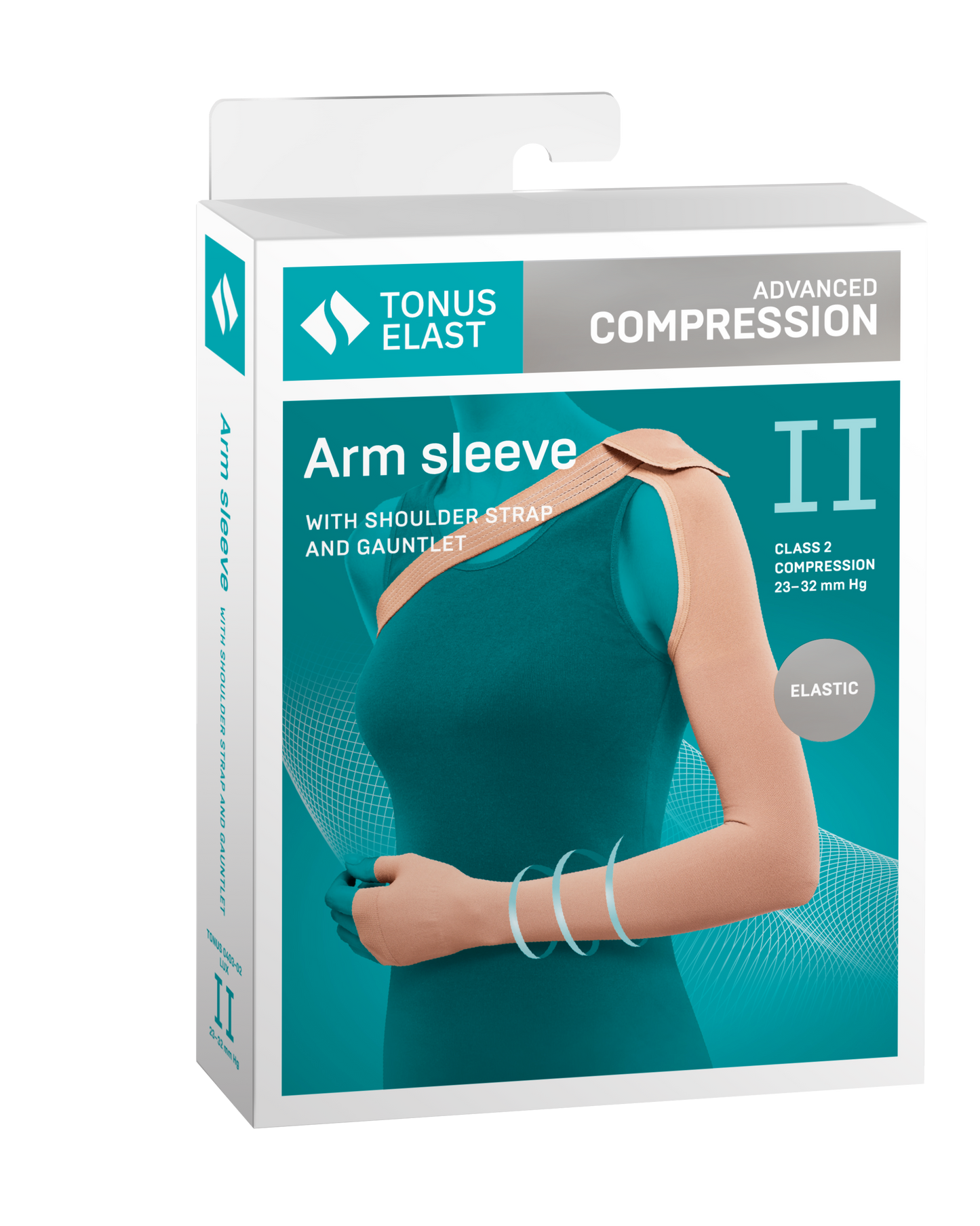 Tonus Elast Lymphedema Post Mastectomy Compression Arm Sleeve w/ Shoulder Strap and Glove Medical Class II 23-32 mmHg. Tonus Elast sold by FlexaMed. Arm Sleeve with shoulder strap and gauntlet. Tonus Elast Lymphedema Post Mastectomy Compression Arm Sleeve w/ Shoulder Strap and Glove Medical Class II 23-32 mmHg
