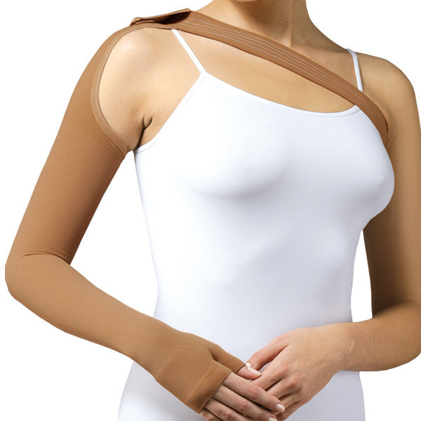 Lymphedema Edema Sleeve with Gauntlet Tonus Elast Lymphedema Compression Arm Sleeve w/ Shoulder Strap and Glove Medical Class II 23-32 mmHg. manga de linfedema guante post mastectomía Tonus Elast sold by Flexamed The Tonus Elast Lymphedema Post Mastectomy Compression Arm Sleeve w/ Shoulder Strap and Gauntlet Medical Class II 23-32 mmHg treats lymphedema, upper arm cellulitis, swelling take off casts. Class 2 compression sleeve with strap and gauntlet comfortably stays in place,