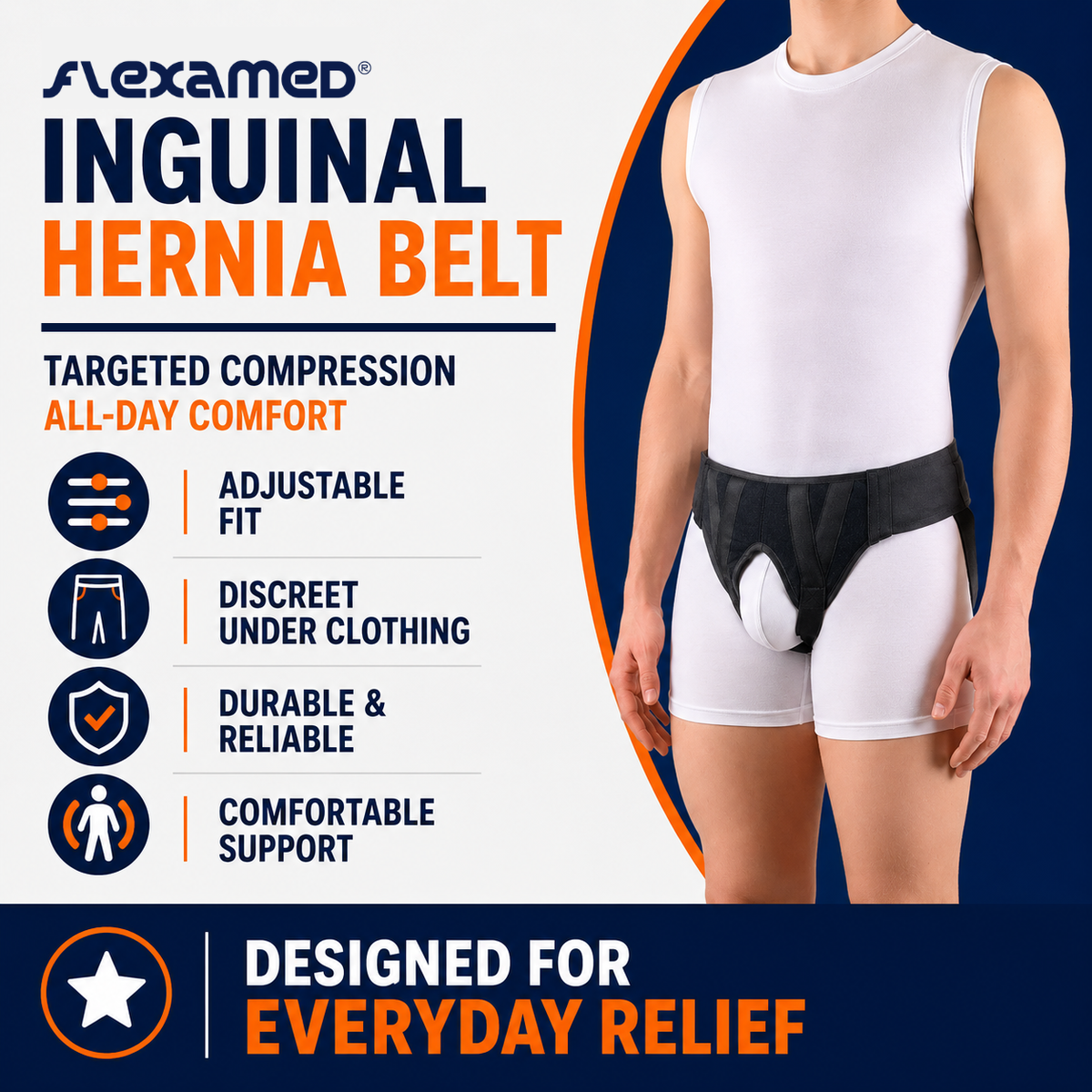 FlexaMed Inguinal Hernia Support Belt – Adjustable Groin Support Truss for Men & Women (Left, Right or Double Support)