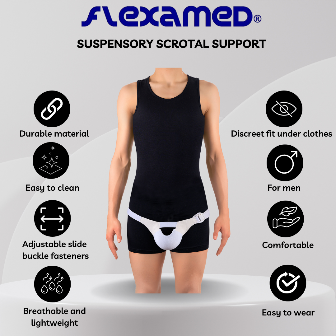 FlexaMed Suspensory Scrotal Support with or without Leg Straps | For Enlarged Scrotum, Hydrocele, Prostate and Vasectomy Relief