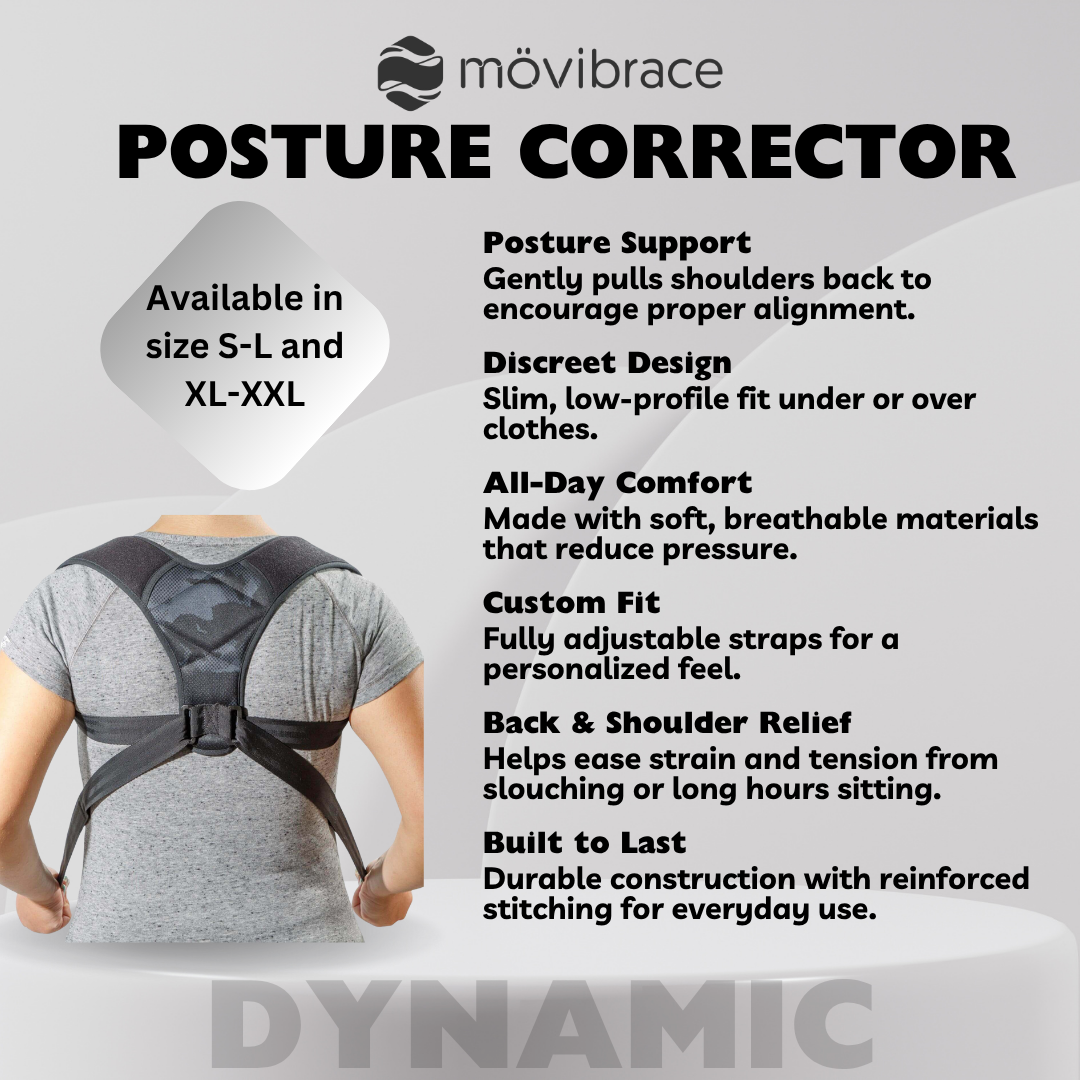 MOVIBRACE Posture Corrector Back Support Brace, Adjustable Shoulder Support, Black