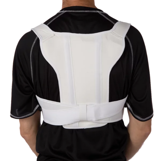 The Posture and Clavicle Support Brace has lightweight strap that holds the shoulder area in the correct position to help promote the healing process after a clavicle (collarbone) fracture or acromio-clavicular separation, among other indications. It can also be used to help correct bad posture. By tightening the Velcro in front it supports the shoulders by pulling them back and up. As the shoulders move back the chest comes forward and the back and spine become straighter.  FlexaMed Posture and Clavicle 