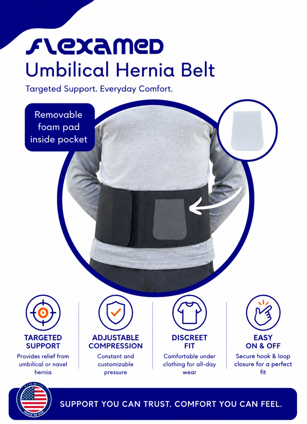 FlexaMed Umbilical Navel Hernia Belt - 6, 8 or 10 Inch Width - Black or White | Made in USA