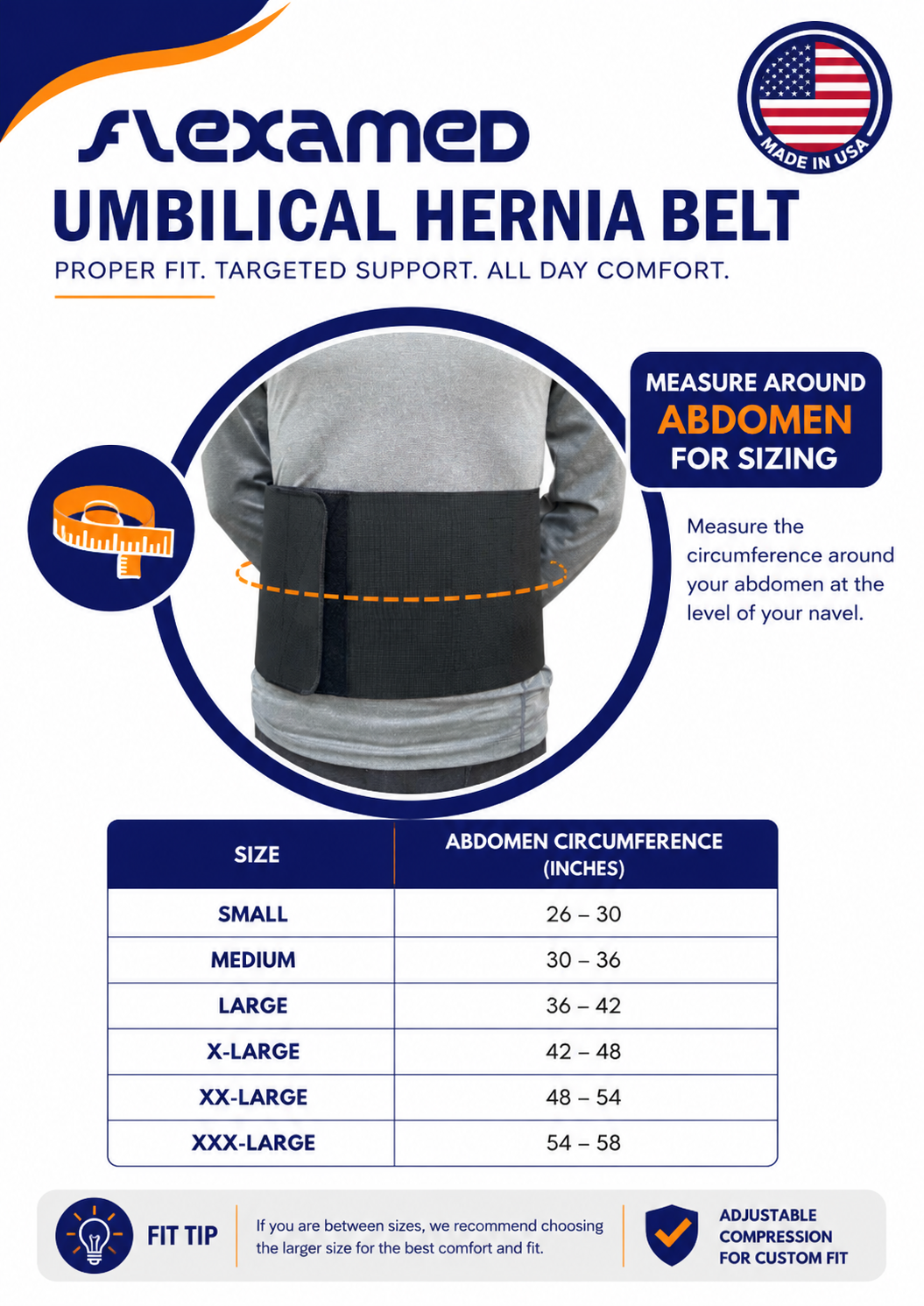 FlexaMed Umbilical Navel Hernia Belt - 6, 8 or 10 Inch Width - Black or White | Made in USA