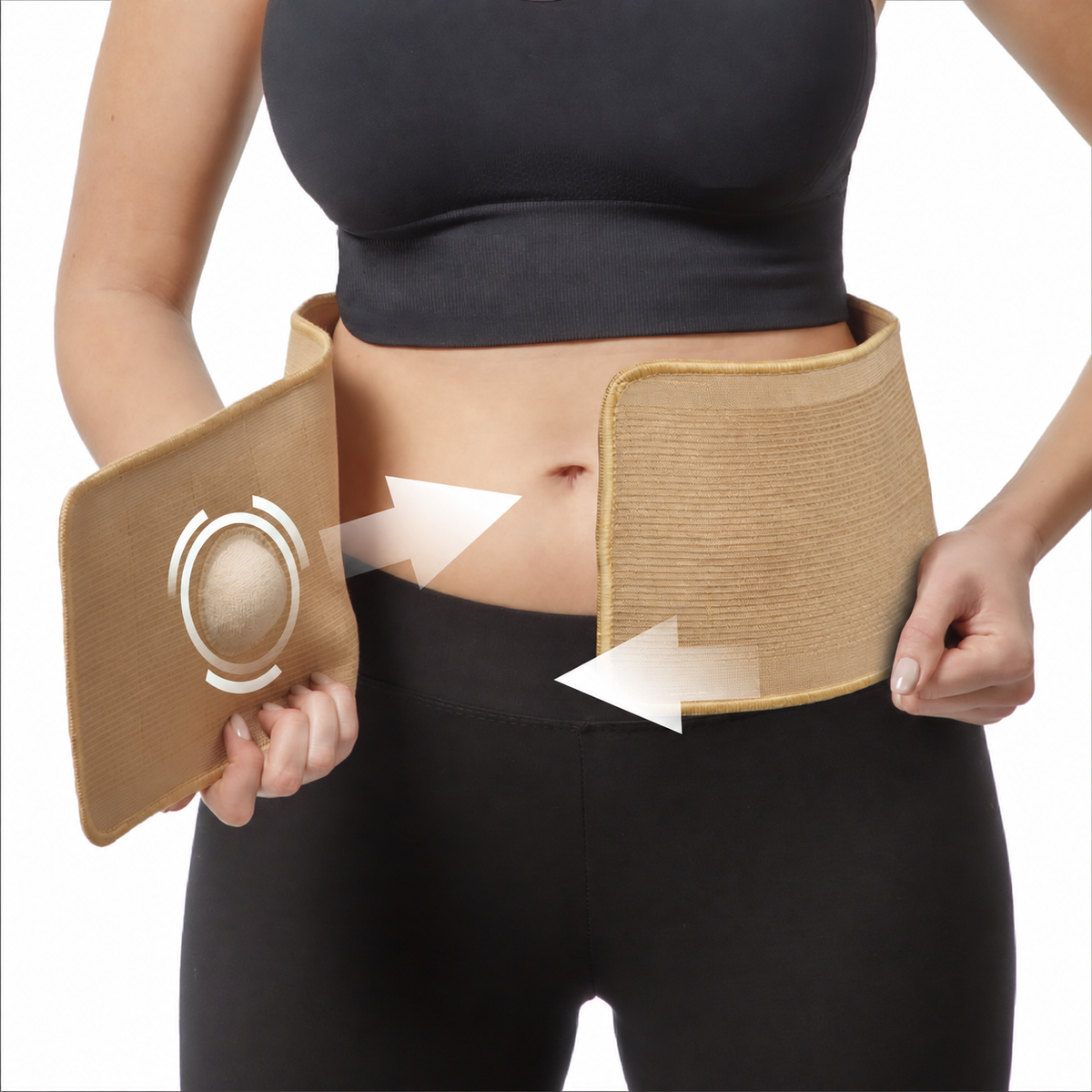 Woman demonstrating Mövibrace umbilical hernia belt with built-in compression pad and adjustable closure