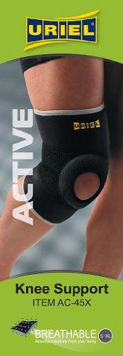 Uriel Active Knee Support with Open Patella Brace Closure keeps you moving with compression, strength and support where you need it. Helps provide protection on the court, track, or green. With this Neoprene knee brace, there is no excuse not to stay active. Quality Neoprene Material covered with Lycra fabric on both sides and breathable air mesh elastic for comfortable all-day wear. Use for minor knee strains, sprains, and arthritis.