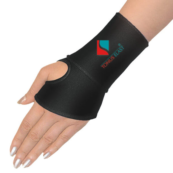 Neoprene Gauntlet Repetitive motion computer work wrist pain Medical gauntlet glove Alleviates wrist pain, sprain, strain, arthritis, tendinitis, tendinopathy, ganglion cysts, CMC, Carpal Tunnel Syndrome. Tonus Elast sold in USA by Flexamed  Features a seamless, ergonomic design that can be worn on either wrist Makes typing more bearable as it allows more mobility 