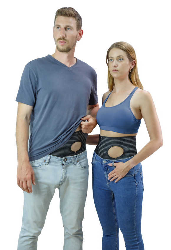Movibrace Abdominal ostomy belt for post-operative care after colostomy or ileostomy surgery.  Helps prevent the formation of an abdominal hernia with strong even support for the abdominal wall. Adjustable ring hole around the stoma (diameter 3.14 in.), supports your urostomy or colostomy bag by holding it up against your body, preventing it from pulling and weighing down your stoma. Belt height 8 inches - fits right or left stoma Ribbed fabric prevents wrinkling and bunching