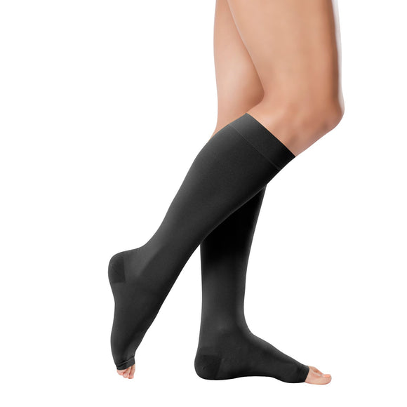 Tonus Elast Knee-High Medical Compression Stockings - Open Toe - 23-32 mmHg Grade Class II Recommended for the treatment of chronic venous insufficiency, varicose veins, heavy foot syndrome, leg swelling and edema Anti-embolism compression stockings increase blood flow and prevent swelling, especially during long flights, sitting or standing for long periods of time.  Tonus Elast compression socks are also useful during pregnancy and postpartum to minimize swelling in ankles feet and calves.  Trouser sock 